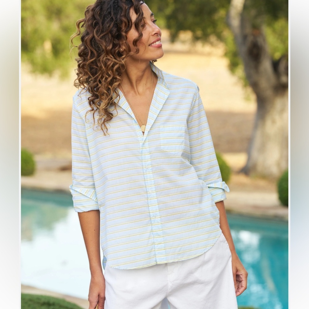 Frank and Eileen Relaxed Button Up Shirt in blue and chartreuse multi stripe